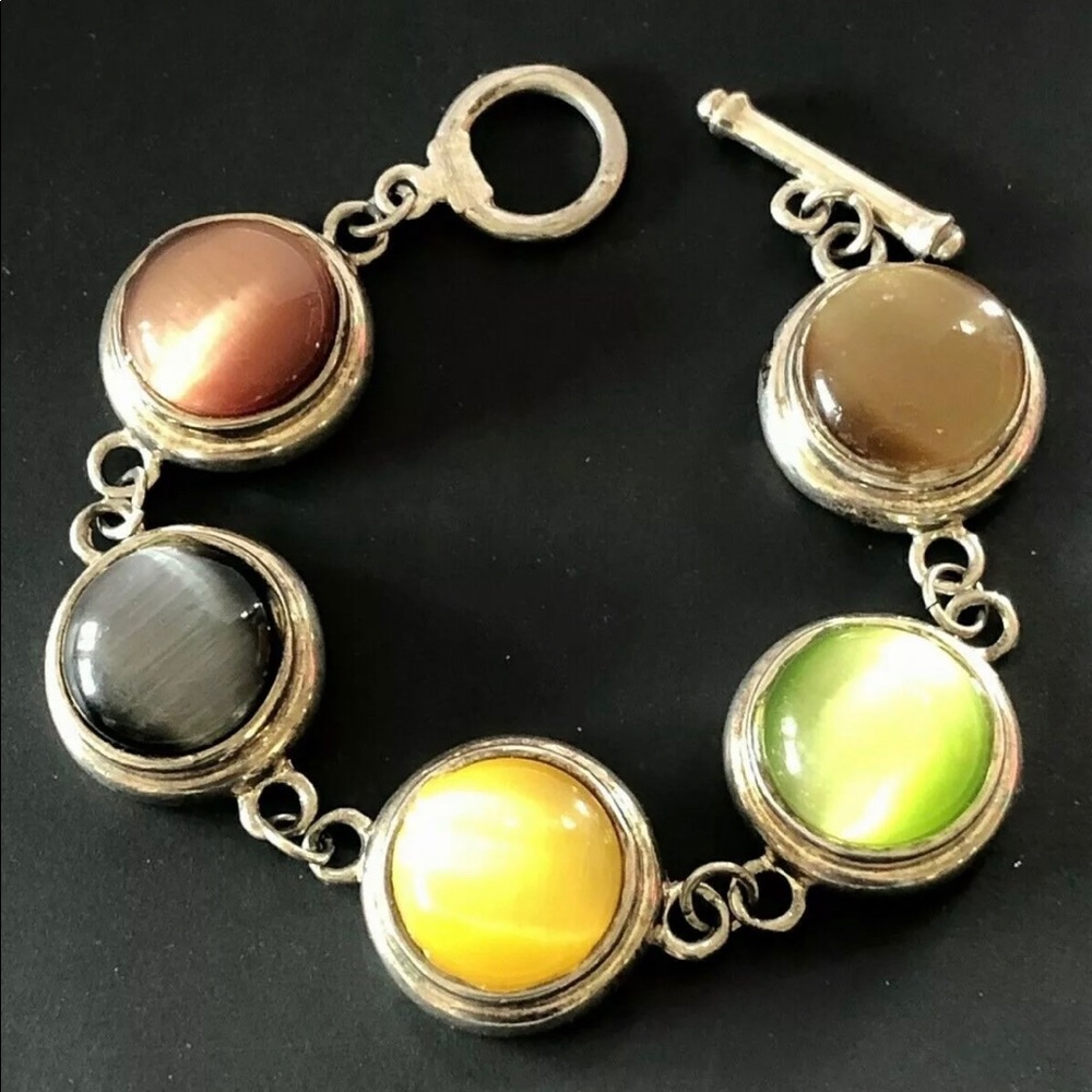 Chunky Silver Tone Glass Cabochon Bracelet